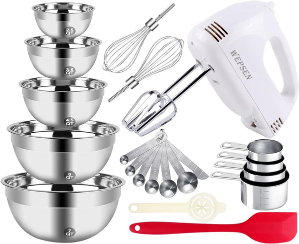 5-Speed Electric Hand Mixer Set with 5 Large Bowls Whisks Beaters Stainless Steel Nesting Bowl Measuring Cups and Spoons - Baking and Kitchen Prep Supplies