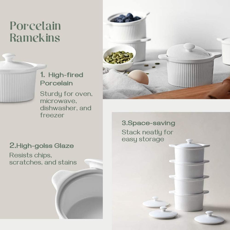 cDOWAN Porcelain Ramekins with Lids and Handles - Set of 4 7oz - Baking and Serving White