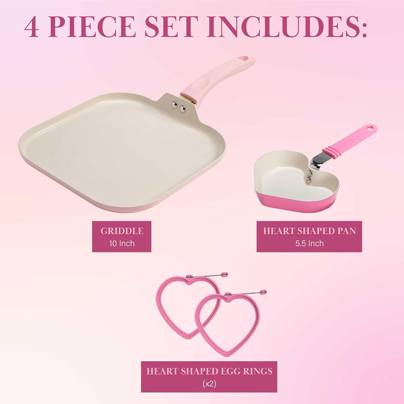 Paris Hilton Breakfast Ceramic Cookware Set - Square Griddle Mini Heart Shaped Fry Pan 2 Egg Rings Pink 4-Piece