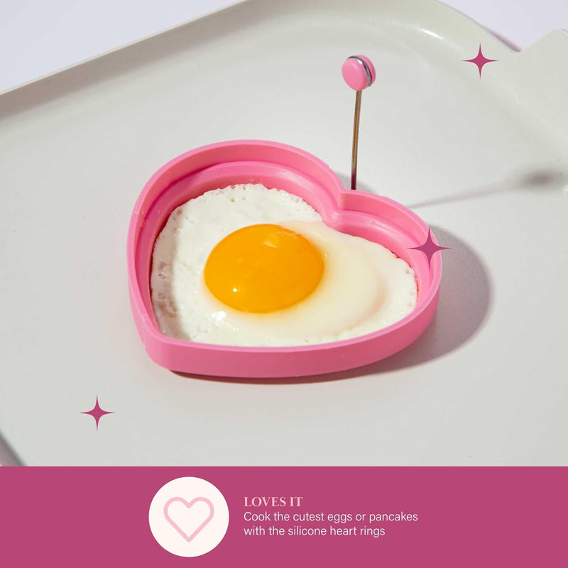Paris Hilton Breakfast Ceramic Cookware Set - Square Griddle Mini Heart Shaped Fry Pan 2 Egg Rings Pink 4-Piece