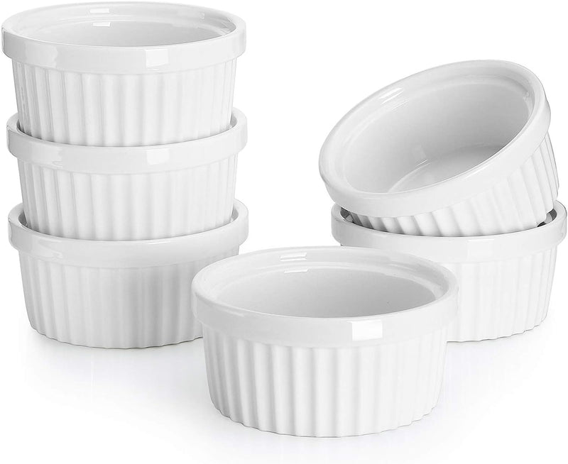 Sweese 8 oz Porcelain Ramekins Set of 6 - Creme Brulee Souffle Custard Cups for Baking Oven Safe - White