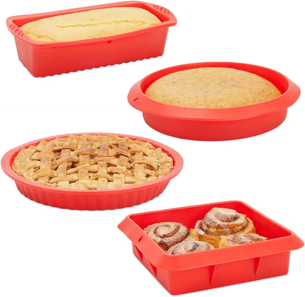 Juvale 4-Piece Nonstick Silicone Bakeware Set - Red Square Pans for Brownies Bread Cake and Pie