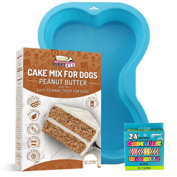 CharactersPuppy Cake Mix Birthday Kit with Bone Pan Candles and Peanut Butter Blue Flavor - Made in USA