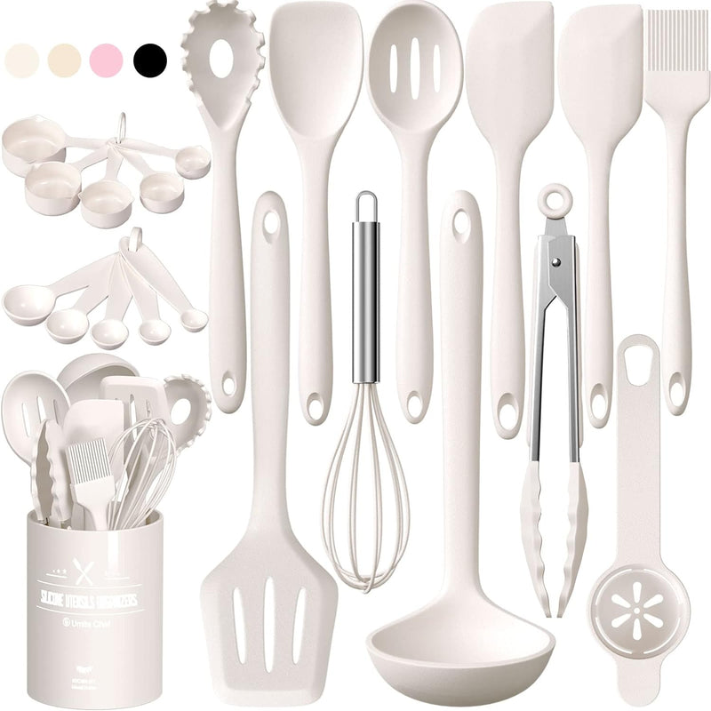 22Pcs Silicone Cooking Utensils Set with Holder - Heat Resistant Pink Kitchen Spatulas - Nonstick Cookware Gadgets