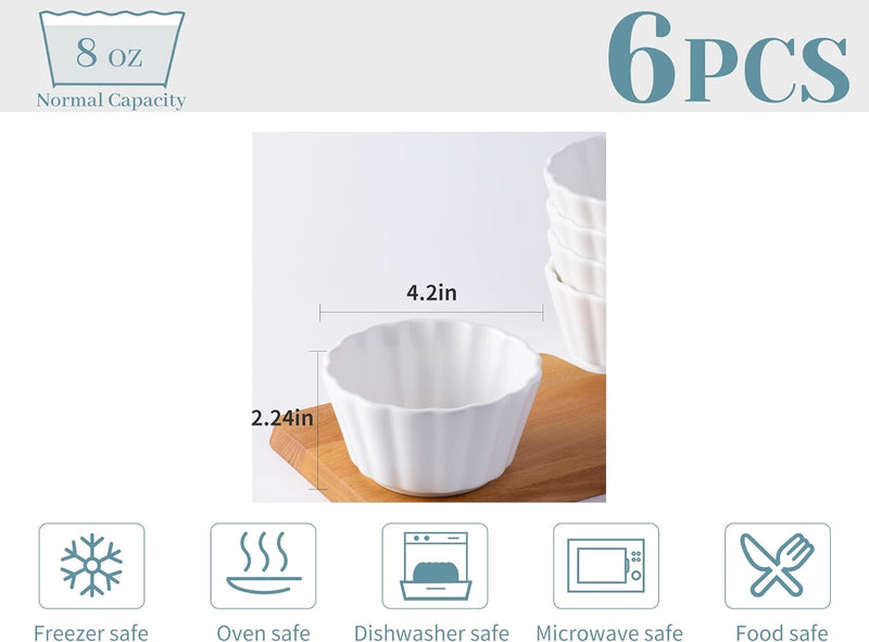 Oven-Safe Ramekins Set - 4 oz Set of 6 - White Porcelain - Perfect for Baking Souffles and Custards