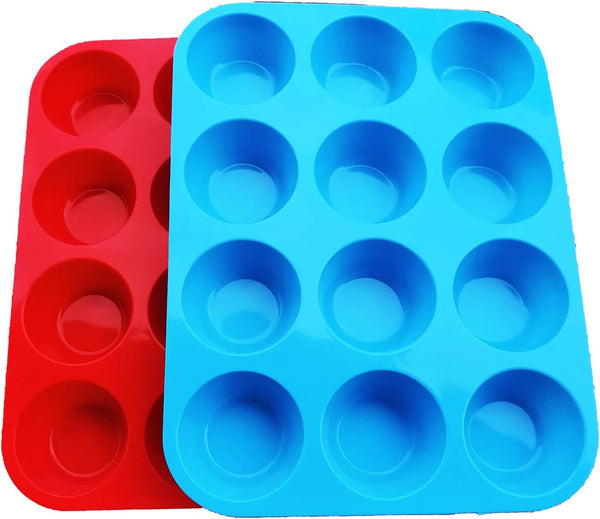 JEWOSTER Non-Sticky Silicone Muffin Pan - 12 Muffin Molders 12 RedBlue