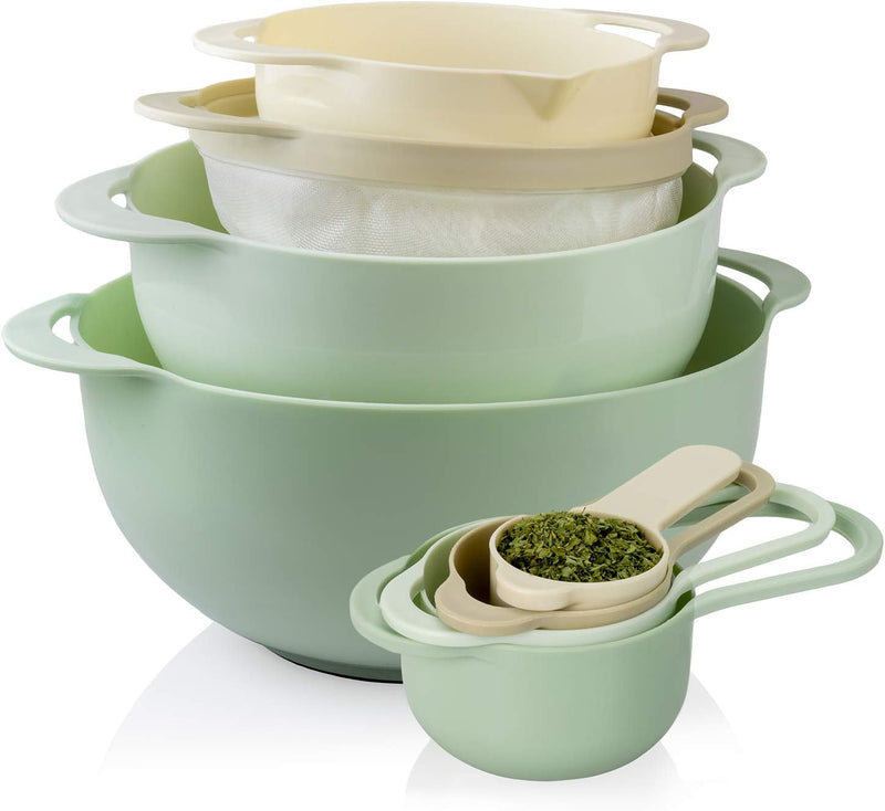 8-Piece Nesting Bowls Set with Measuring Cups Colander Sifter - Mint Green