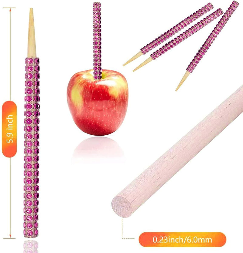 Bling Candy Apple Bamboo Sticks - 32 PCS Wooden Skewers with Rhinestone Diamond Mesh Wrap for Fruit Treats and Dessert Table Silver