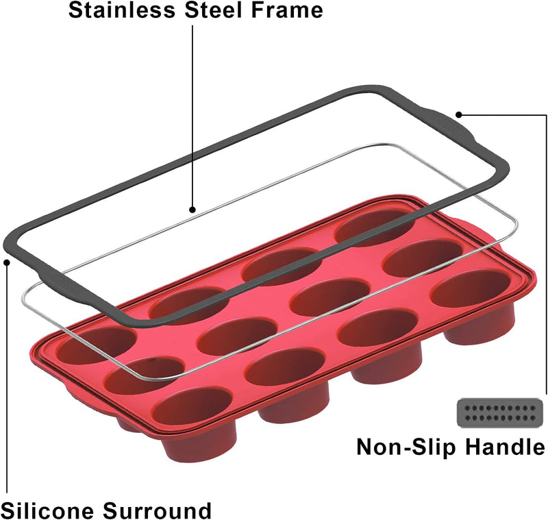 Non-Stick Silicone Muffin Pan with Stainless Steel Frame - 12 Cup Baking Mold BPA Free Blue