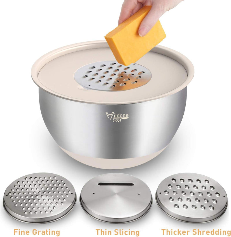 5-Piece Stainless Steel Mixing Bowls Set with Airtight Lids Grater and Non-Slip Bottoms