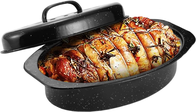JY COOKMENT 19 Enameled Granite Roaster Pan with Domed Lid - Oval Turkey Roaster Pot Great for Turkey Chicken Lamb Vegetable - Dishwasher Safe 20Lb Capacity