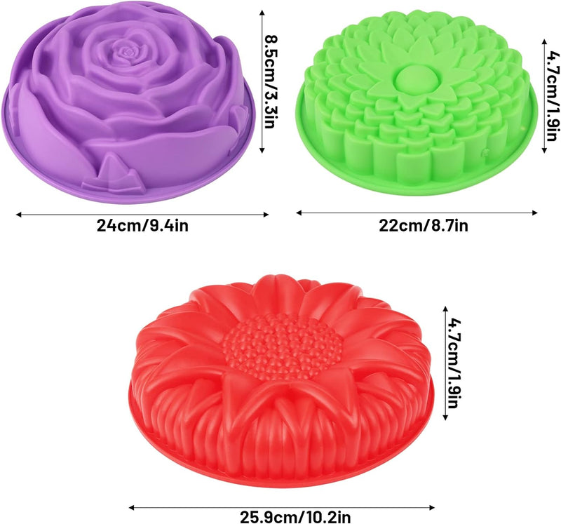 3 Pack Flower Silicone Cake Molds - Round  Flower Shaped Baking Trays for Birthday Parties