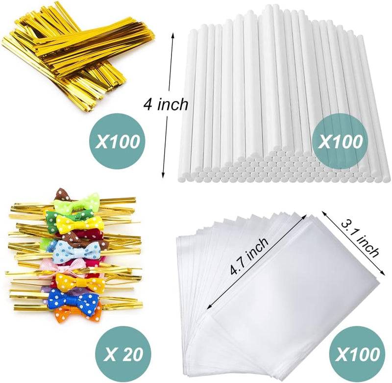 Cake Pop Sticks and Wrappers Kit - 320pcs with Metallic Twist Ties - Perfect for Lollipops  Treats