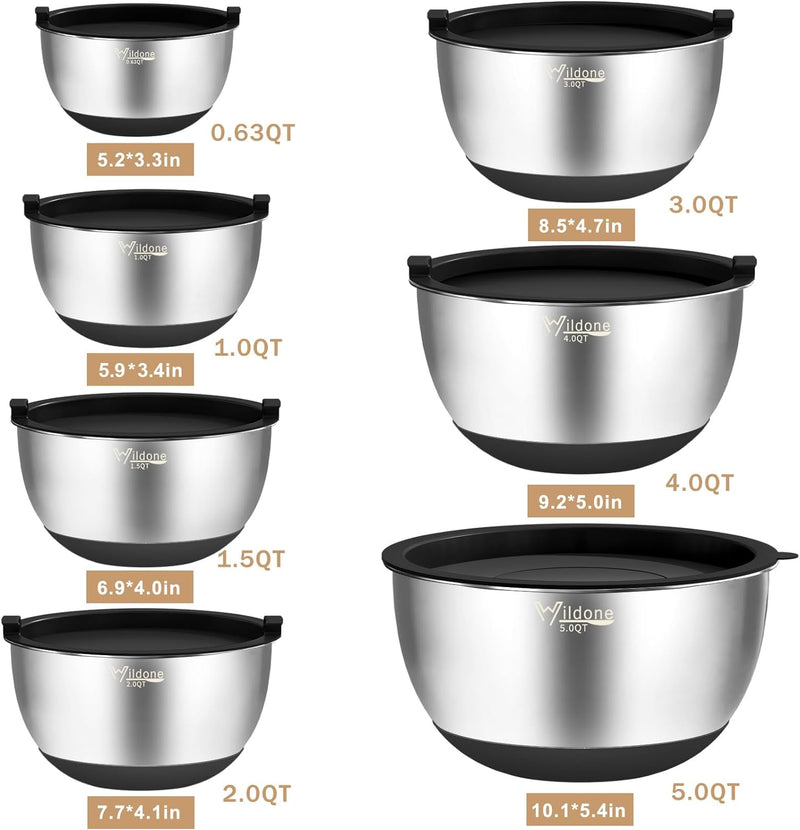 27-Piece Stainless Steel Mixing Bowls Set with Airtight Lids and Grater Attachments - Non-Slip Bottom Ideal for Mixing and Prepping Sizes 063QT-5