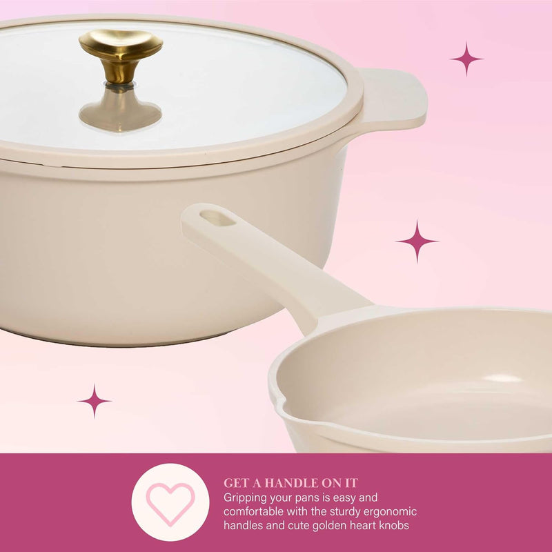 Paris Hilton Ceramic Nonstick Cookware Set - Gold Knobs Stay-Cool Handles 10-Piece Pink