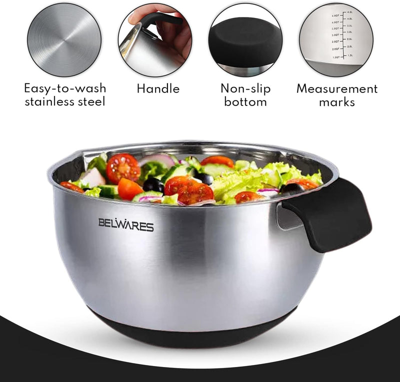 Belwares 5-Piece Mixing Bowl Set with Lids Graters and Non-Slip Stainless Steel - Black