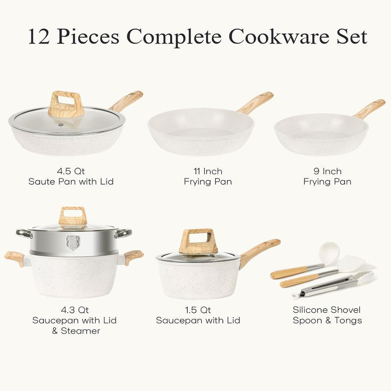 Non-Stick 12-Piece Cookware Set with Silicone Utensils - White