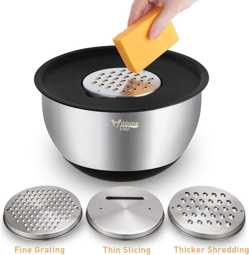 5-Piece Stainless Steel Mixing Bowls Set with Airtight Lids Grater and Non-Slip Bottoms