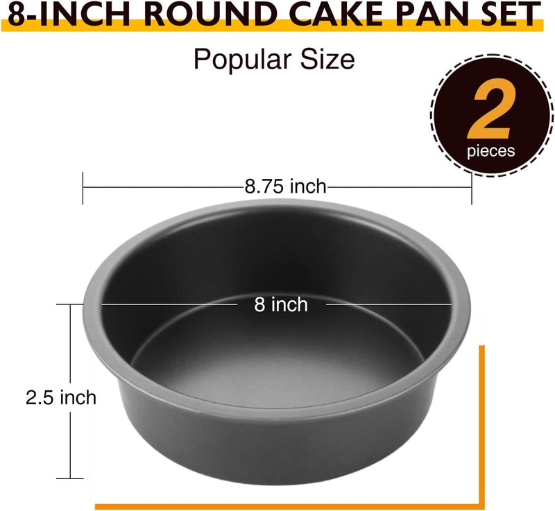 HONGBAKE 8 Round Cake Pan Set - Nonstick 2 Pieces - Dishwasher Safe  Heavy Duty Grey