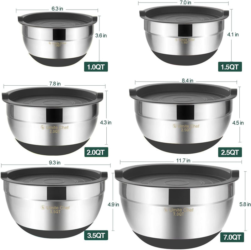 Umite Chef 6-Piece Mixing Bowls with Airtight Lids - Stainless Steel Nesting Storage Set Khaki