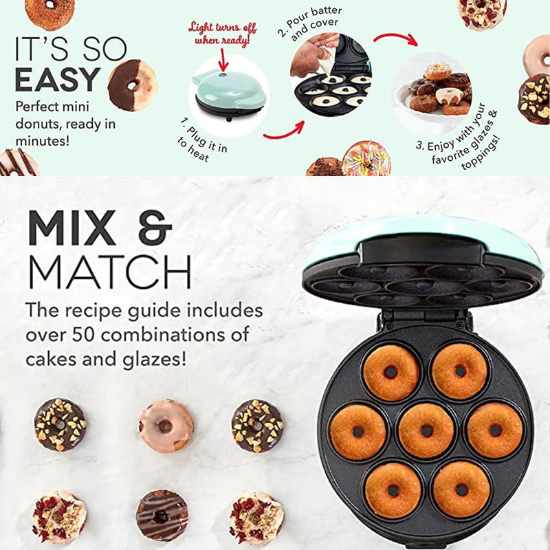 Mini Donut Maker Machine - Kid-Friendly Breakfast Snacks Desserts  More - Makes 7 Doughnuts - Aqua
