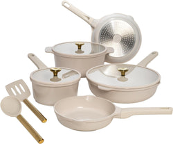 Paris Hilton Ceramic Nonstick Cookware Set - Gold Knobs Stay-Cool Handles 10-Piece Pink