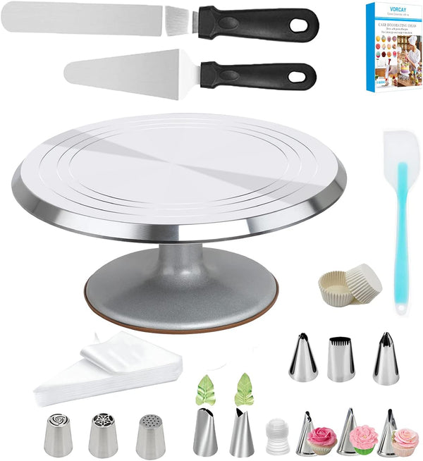 Beginner Cake Decorating Kit - 188Pcs Professional Tools with Aluminium Turntable Stand