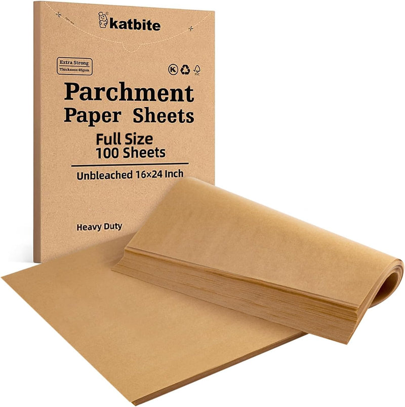 Katbite 200Pcs 12x16 In Unbleached Parchment Paper for Baking - Heavy Duty Precut Sheets for Oven Air Fryer Cookies