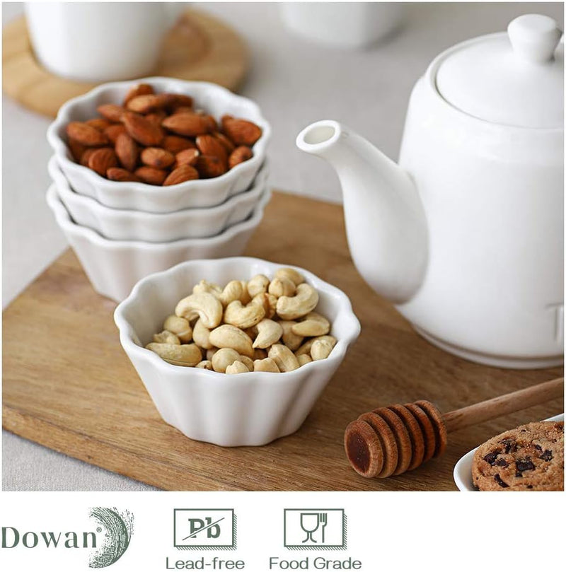 DOWAN 4 oz Porcelain Ramekins - Set of 6 Flower-Shaped for Baking Dipping and Sauces