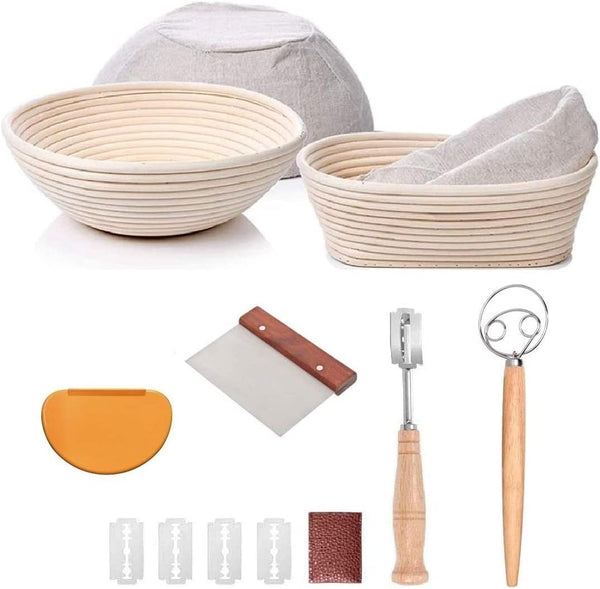 2-Piece Bread Proofing Basket Set with Sourdough Tools - Round and Oval - Banneton Danish Whisk Scoring Lame and Scrapers - Baking Gift