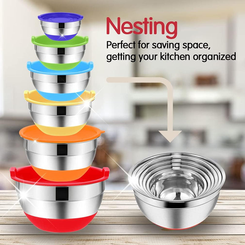 20-Piece Stainless Steel Mixing Bowl Set with Airtight Lids Graters and Non-Slip Bottoms for Baking and Prepping