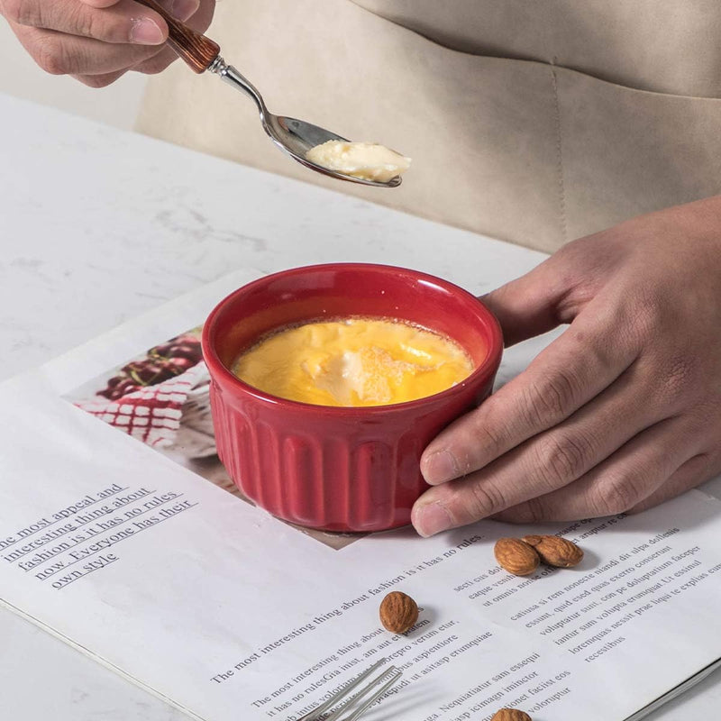 6-Piece Porcelain Ramekin Set - Oven Safe for Baking Creme Brulee Custard Pudding - Red