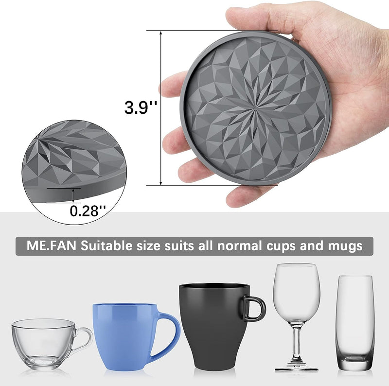 MEFAN Silicone Coasters 6 Pack with Holder - Non-Slip Deep Tray for HotCold Drinks - Black