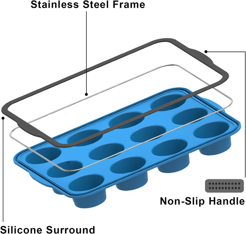 Non-Stick Silicone Muffin Pan with Stainless Steel Frame - 12 Cup Baking Mold BPA Free Blue