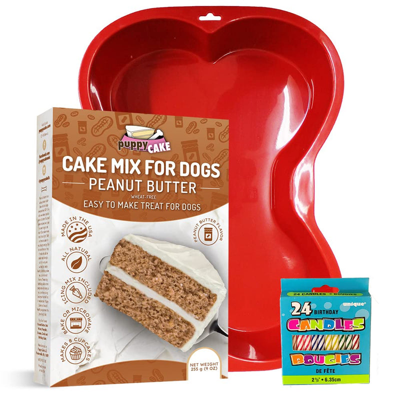 CharactersPuppy Cake Mix Birthday Kit with Bone Pan Candles and Peanut Butter Blue Flavor - Made in USA