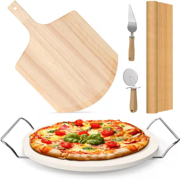 Round Pizza Stone Set - 5 PCS with Accessories and Cooking Paper for Perfect Pizza and Bread Baking