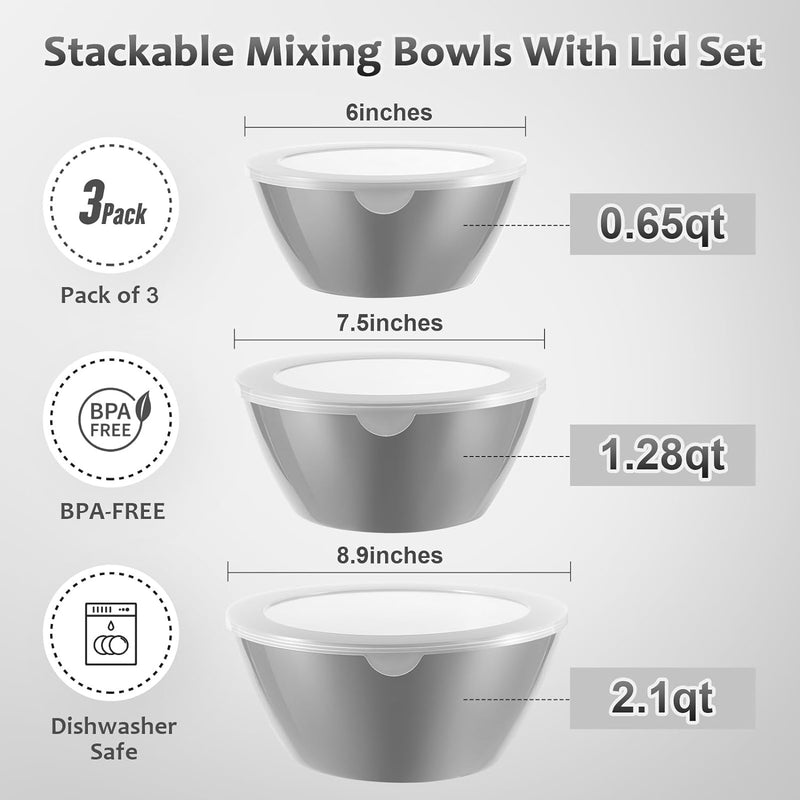 Wehome BPA-Free Mixing Bowls with Lids - Set of 3 Aqua Nesting Bowls for Kitchen Prep Serving and Storage