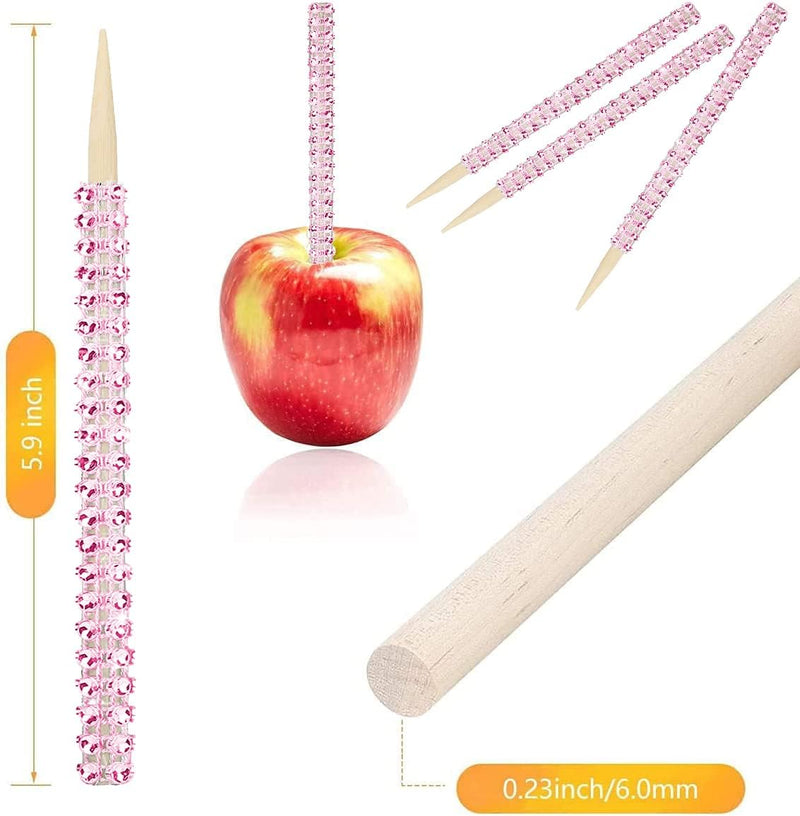 Bling Candy Apple Bamboo Sticks - 32 PCS Wooden Skewers with Rhinestone Diamond Mesh Wrap for Fruit Treats and Dessert Table Silver