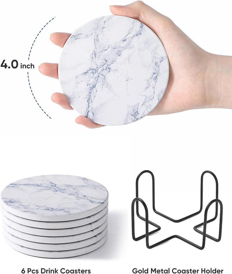 Marble Style Coasters with Holder - Absorbent Set of 6 for Tabletop Protection and Cool Home Decor