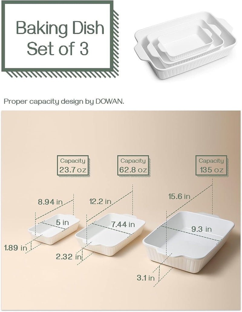 Ceramic Baking Dish Set of 3 in White - LasagnaDeepBaking Pans with Handles for Oven Cooking 15612289