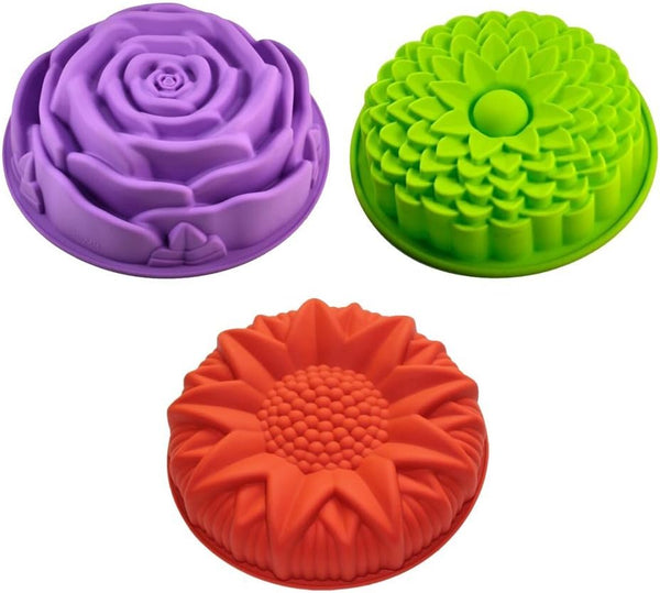 3 Pack Flower Silicone Cake Molds - Round  Flower Shaped Baking Trays for Birthday Parties