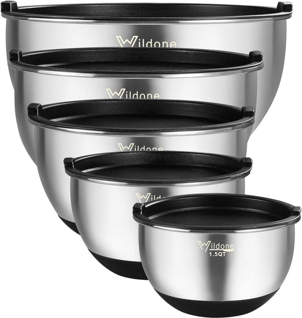 Stainless Steel Mixing Bowls - Set of 5 with Airtight Lids and Non-slip Bottoms