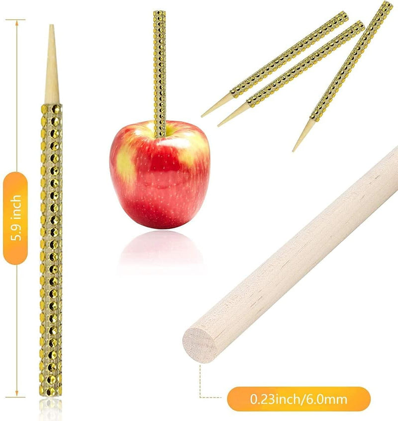 Bling Candy Apple Bamboo Sticks - 32 PCS Wooden Skewers with Rhinestone Diamond Mesh Wrap for Fruit Treats and Dessert Table Silver