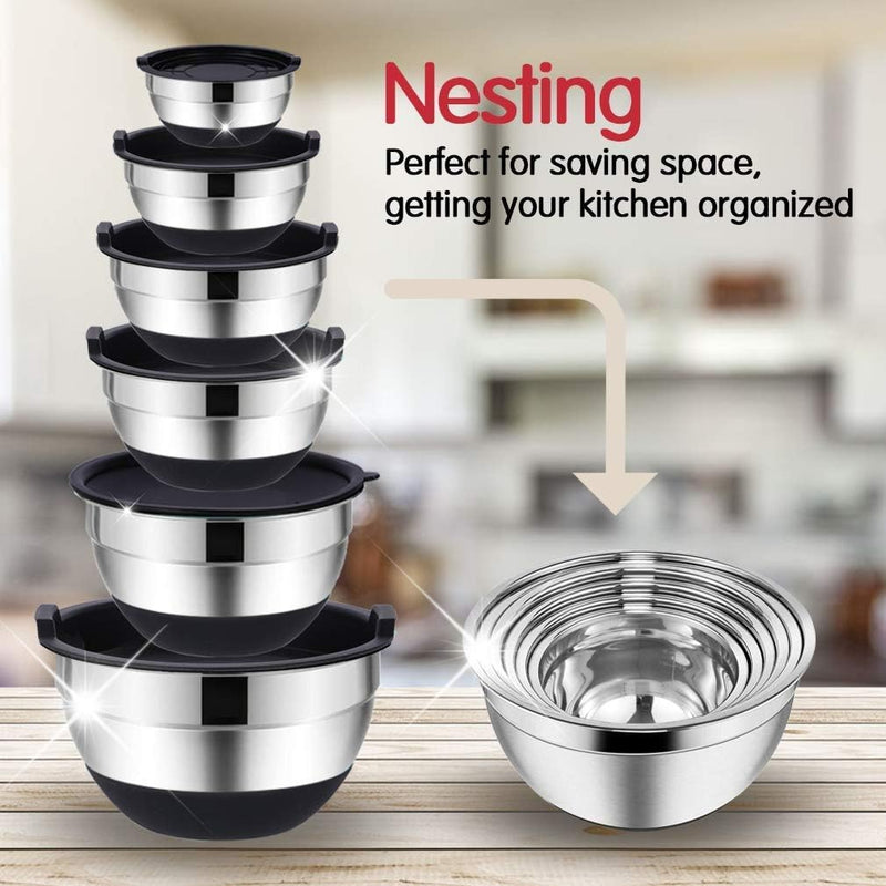 20-Piece Stainless Steel Mixing Bowl Set with Airtight Lids Graters and Non-Slip Bottoms for Baking and Prepping