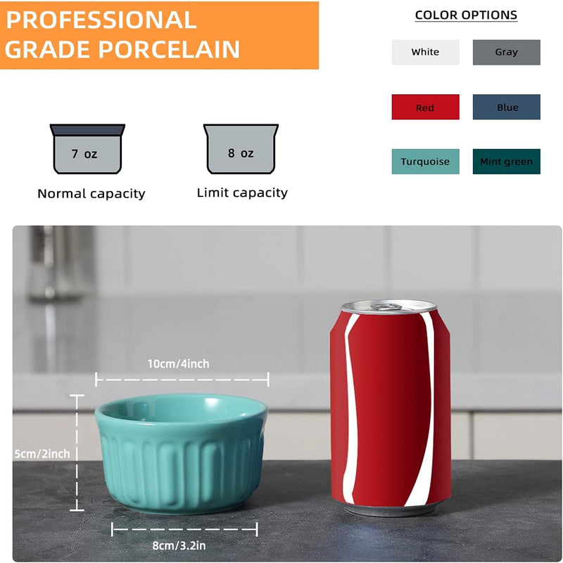 6-Piece Porcelain Ramekin Set - Oven Safe for Baking Creme Brulee Custard Pudding - Red