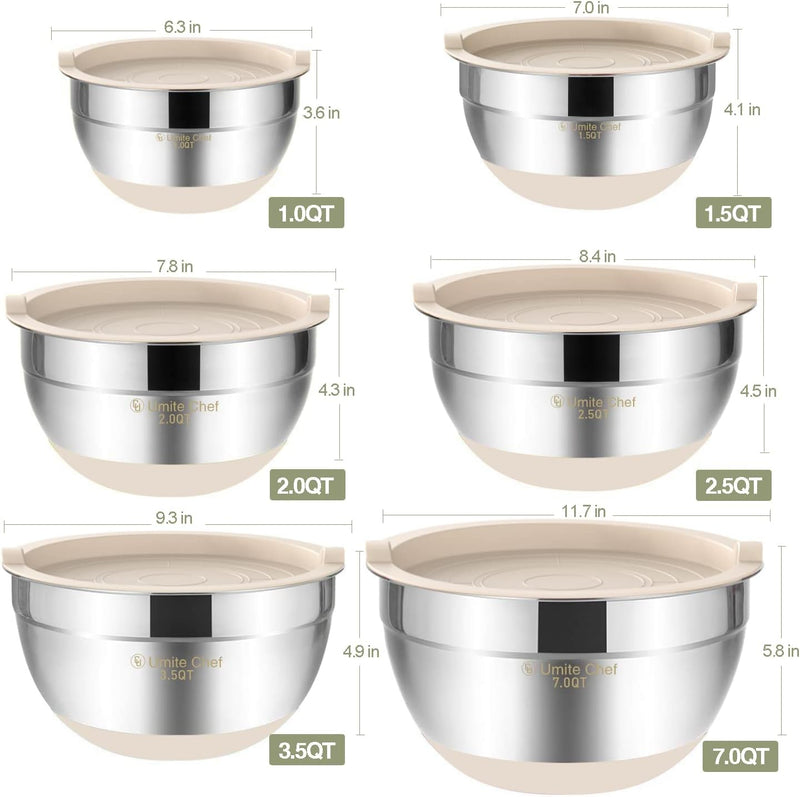 Umite Chef 6-Piece Mixing Bowls with Airtight Lids - Stainless Steel Nesting Storage Set Khaki