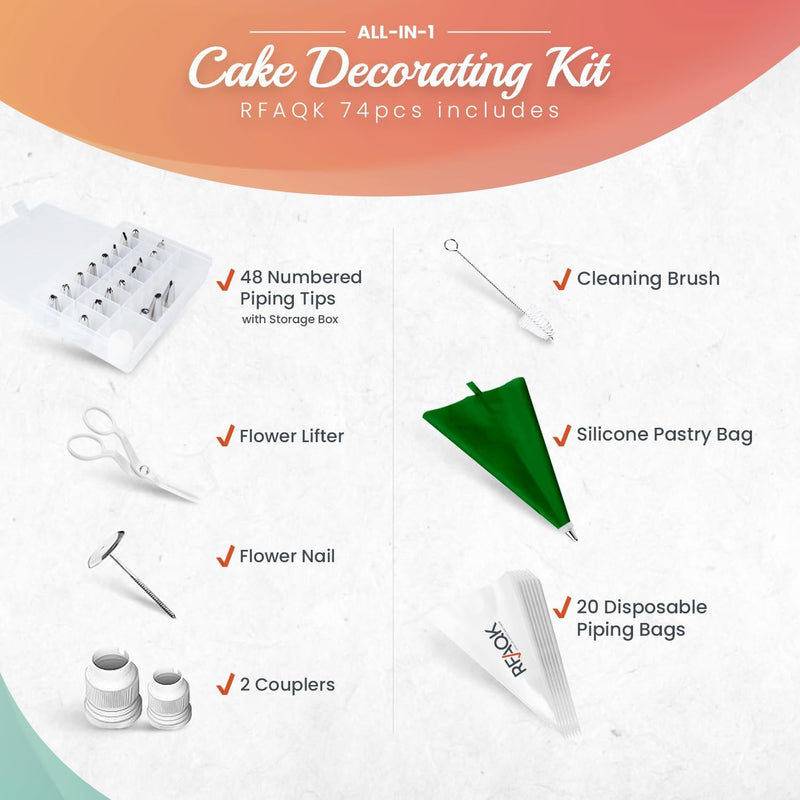 74-Pc Cake Decorating Kit with 48 Numbered Tips 201 Piping Bags Booklet E-book