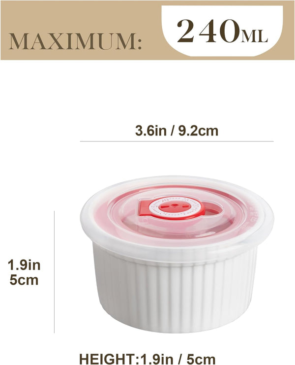 MALACASA 8 oz Ramekins with Lids - Set of 6 White Porcelain Creme Brulee Souffle Ramekins with Covers Ceramic Custard Cups for Baking - Dishwasher and Oven Safe