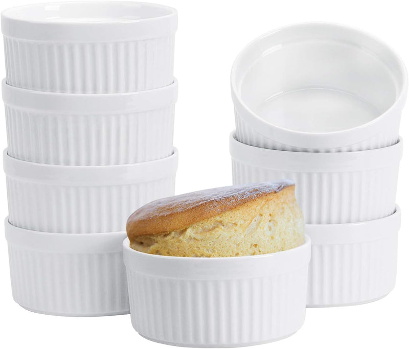 Porcelain Ramekins - Set of 8 6 oz - Oven Safe for Baking Custard Lava Cakes and Mini Desserts