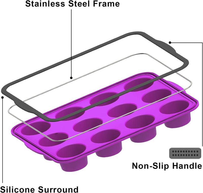 Non-Stick Silicone Muffin Pan with Stainless Steel Frame - 12 Cup Baking Mold BPA Free Blue